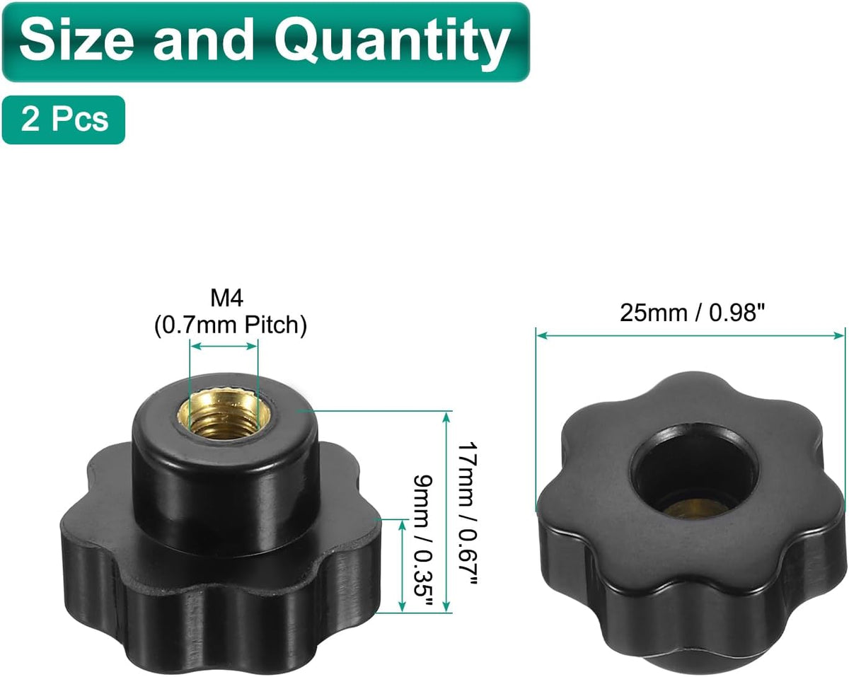 2pcs 스타 노브 M10 미터 여성용 스레드 39mm 7점 스타 플라스틱 헤드 통구 브라스 링셋 스크루 인 스레드 핸드 노브 클램핑 핸들 자크 노브, 블랙
