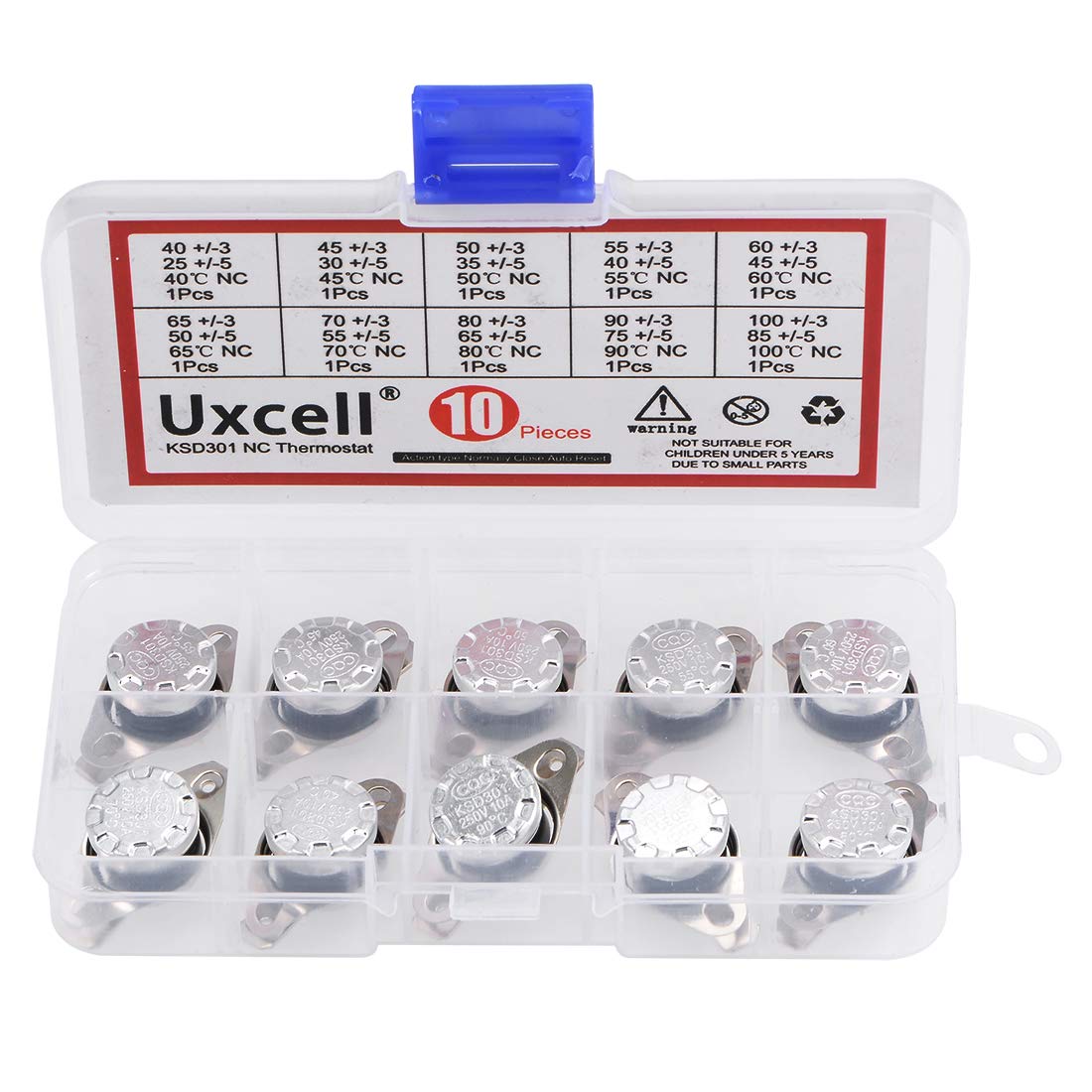 10pcs NC KSD301 Thermostat 40-100°C(104-212°F) Temperature Thermal Control Switch 40 45 50 55 60 65 70 80 90 100°C Normally Close Assortment Kit
