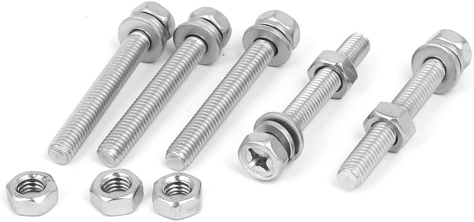 M6 x 45mm 304 Stainless Steel Phillips Hex Head Bolts Nuts w Washers 5 Sets