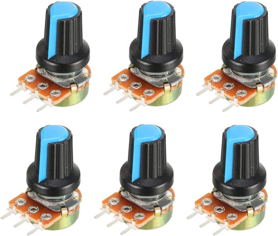 6Pcs 100K Ohm Variable Resistors Single Turn Rotary Carbon Film Taper Potentiometer with Knobs