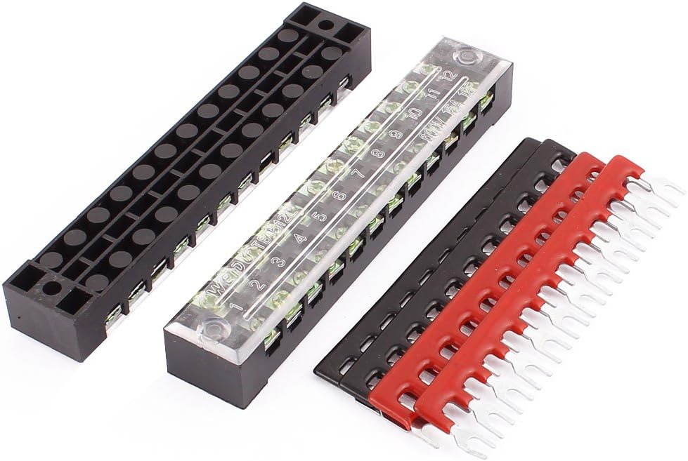2 Pcs 600V 15A 12P Dual Row Barrier Terminal Block Wire Connector Bar + 4 x Terminal Stripes