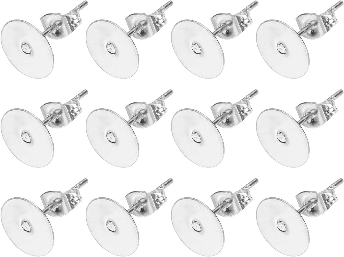 200Pcs Stud Earring Posts, 8mm Stainless Steel Flat Pad Ear Pin with Butterfly Earring Backs for Jewelry DIY Making Findings, Silver