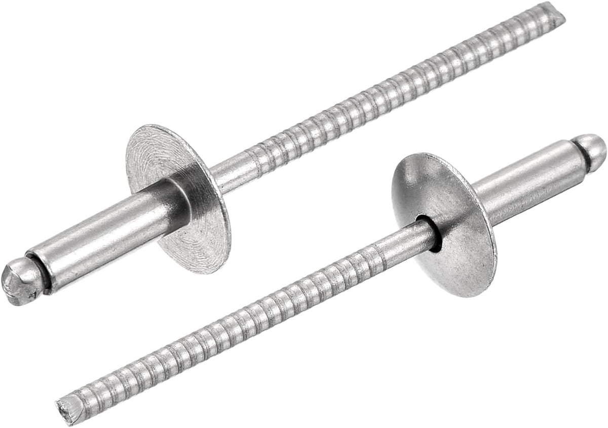 100Pcs 1/8"x3/8" 304 Stainless Steel Large Flange Round Head Rivets, Large Cap Open End Blind Rivets for construction, automotive manufacturing, aerospace, shipbuilding (Silver)