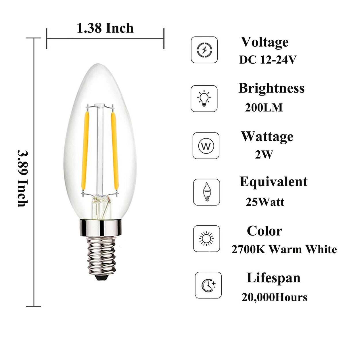 LinkMejor 12 Volt LED Candelabra Lichten E12 2W LED Lamp 25 Watt Equivalent