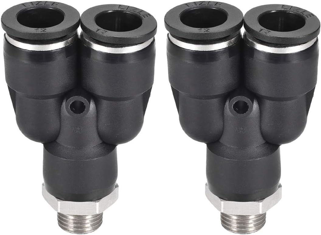 Push To Connect Air Fittings Y Type Tube Connect 12mm OD x 1/4PT Male Thread Tube Fittings Push Lock Black 2Pcs