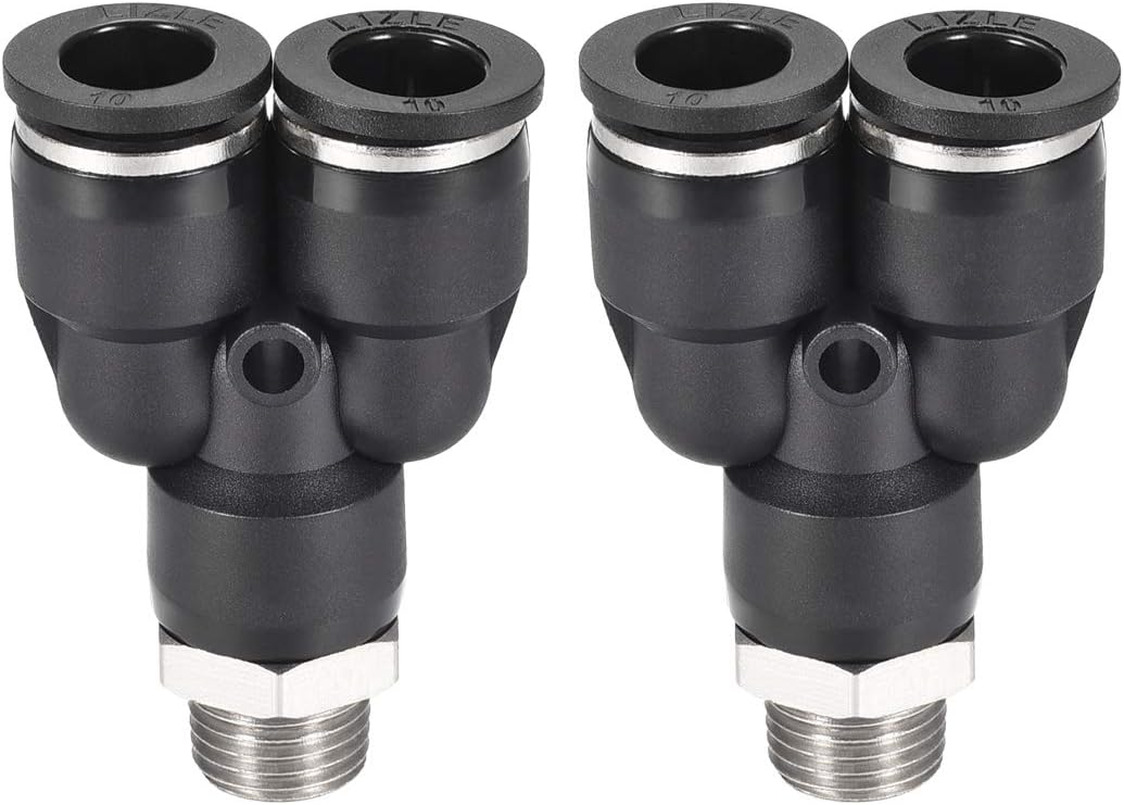Push To Connect Air Fittings Y Type Tube Connect 10mm OD x 1/4PT Male Thread Tube Fittings Push Lock Black 2Pcs