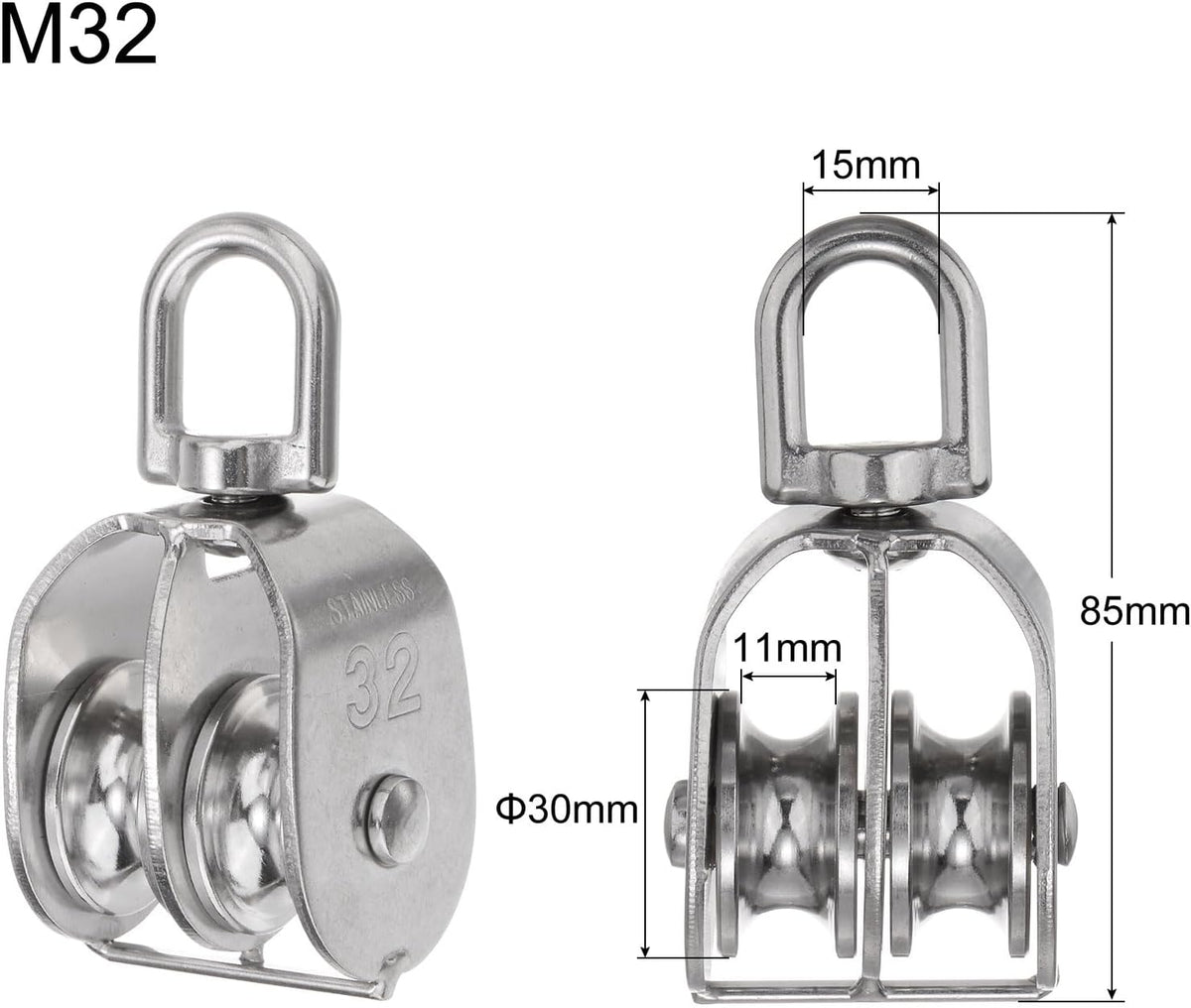 M32 Double Pulley Block, Stainless Steel Swivel Rigging Lifting Wheel Fixed Pulley, Crane Hanging Wire Towing Wheel, Rope Cable Pulley Roller