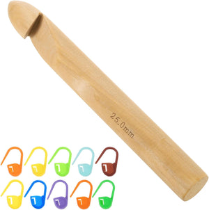 Wood Huge Crochet Hook 25mm US Size U Big Wooden Bamboo Crochet Needles with 10 Pcs Knitting Stitch Markers for Crocheting Giant Chunky Yarn