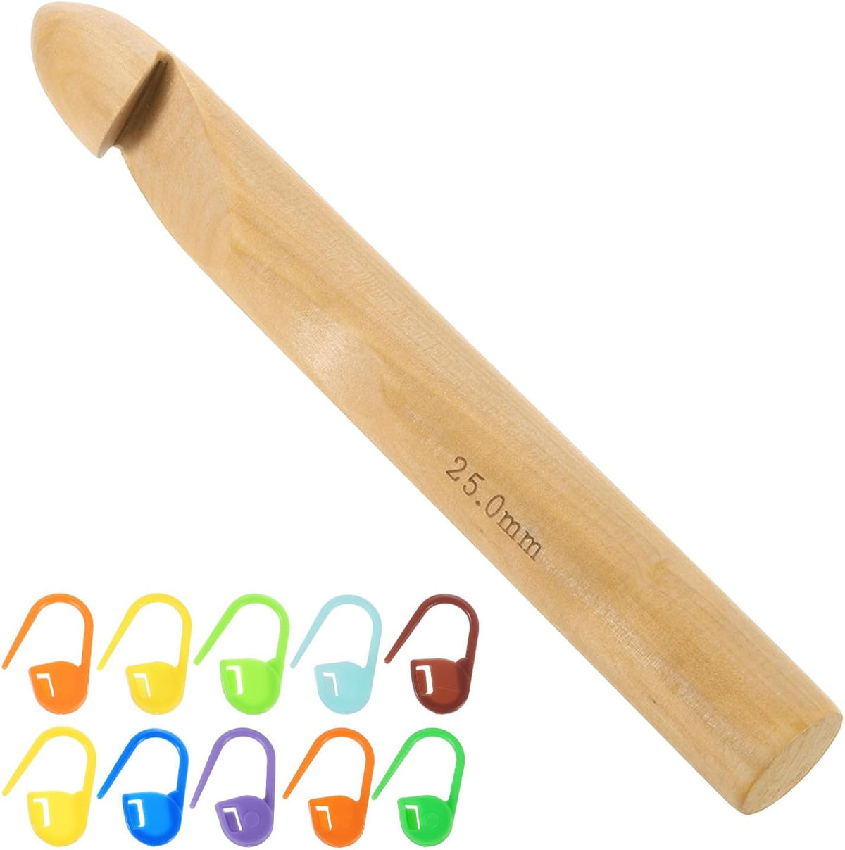 LinkMejor Wood Huge Crochet Hook 25mm US Size U Big Wooden Bamboo Crochet Needles with 10 Pcs Knitting Stitch Markers for Crocheting Giant Chunky Yarn