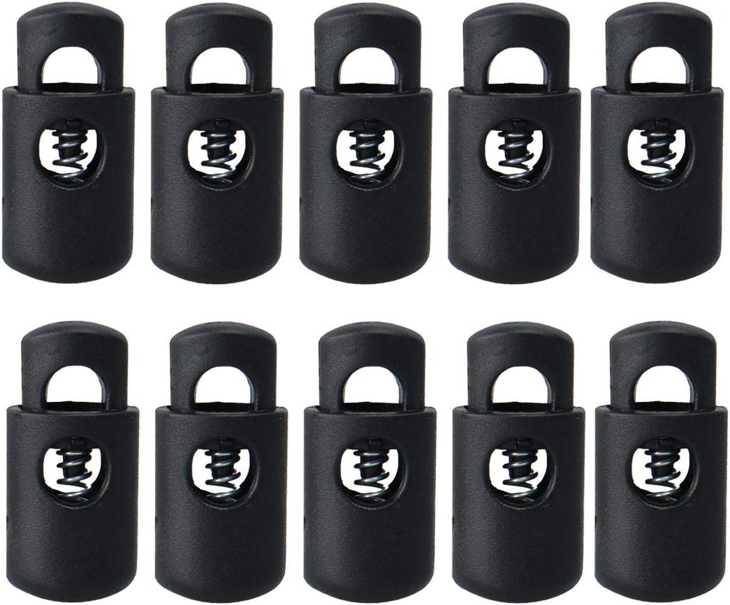 LinkMejor 10pcs Spring Cord Locks Plastic End Stopper Single Hole Toggle Fastener Rope End for Drawstrings, Shoelaces, Tents, Tie-Downs, Black