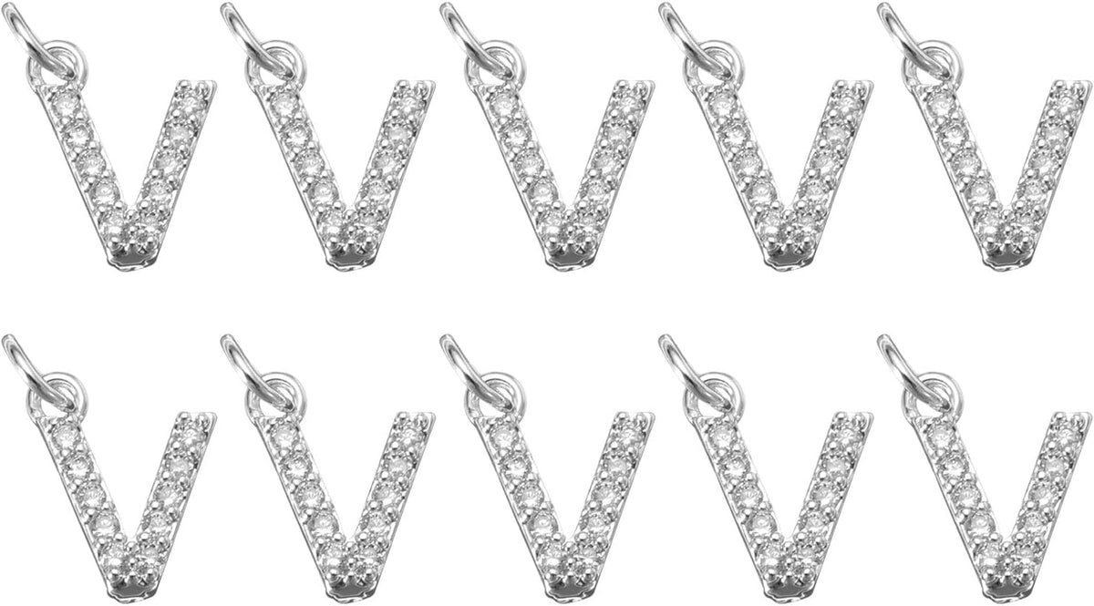 LinkMejor Rhinestone Letter Charm, 10pcs Crystal Zirconia Copper Alphabet V Pendants Slider Letter Charm for Wristbands Bracelets Necklace Jewelry Earring DIY Craft, Silver
