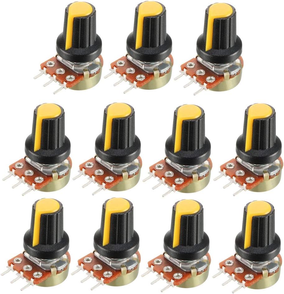 11Pcs 10K Ohm Variable Resistors Single Turn Rotary Carbon Film Taper Potentiometer with Knobs