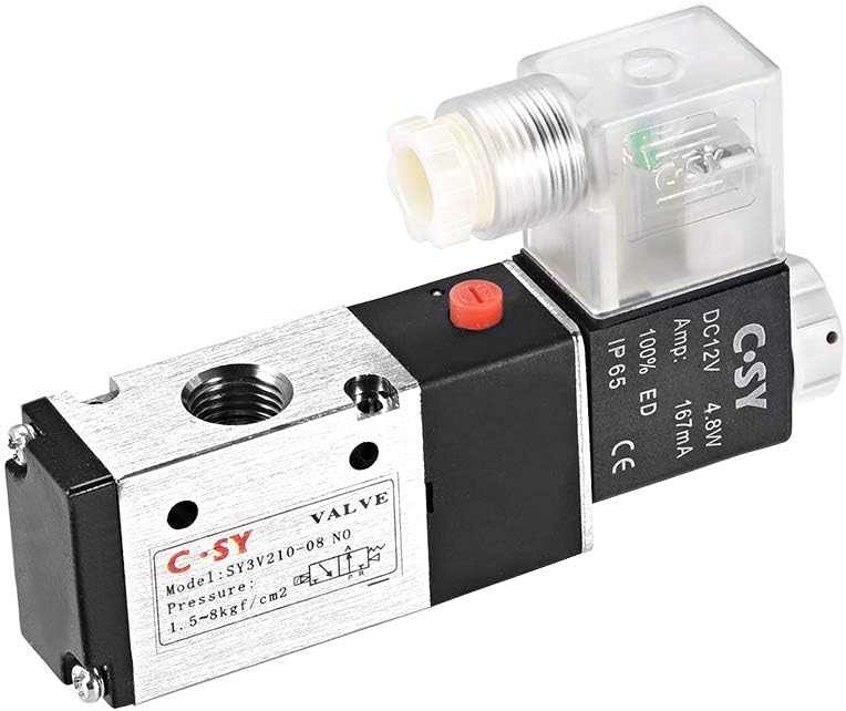 DC 12V 3 Way 2 Position 1/4"PT,Pneumatic Air Control NO Solenoid Valve,Internally Single Piloted Acting Type w LED Light,3V210-08