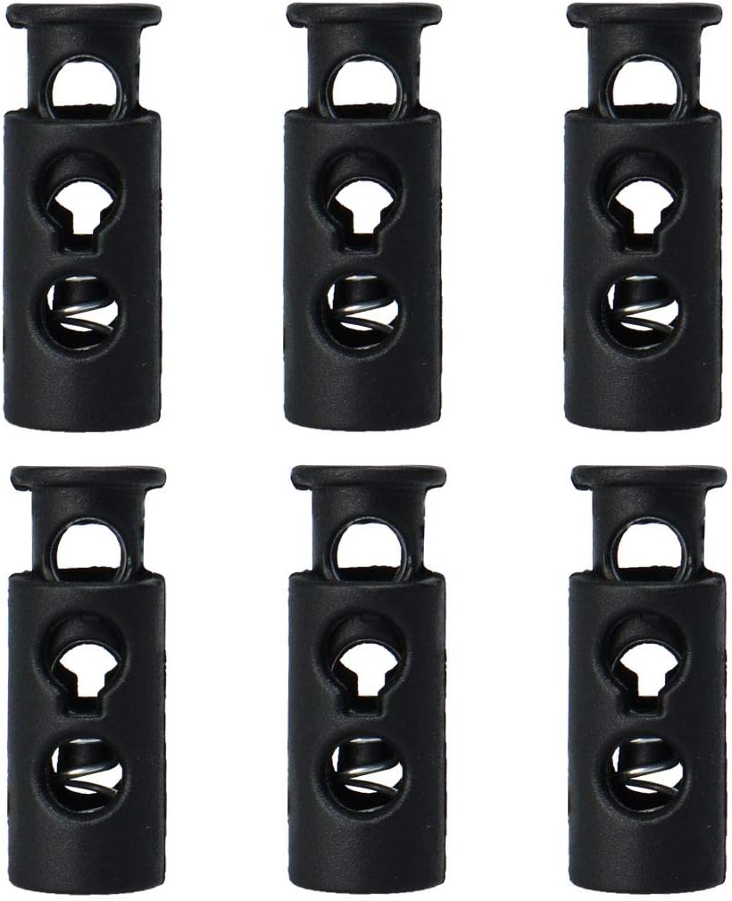 LinkMejor 6pcs Spring Cord Locks Plastic End Stopper Double Hole Toggle Fastener Rope End for Drawstrings, Shoelaces, Tie-Downs, Black