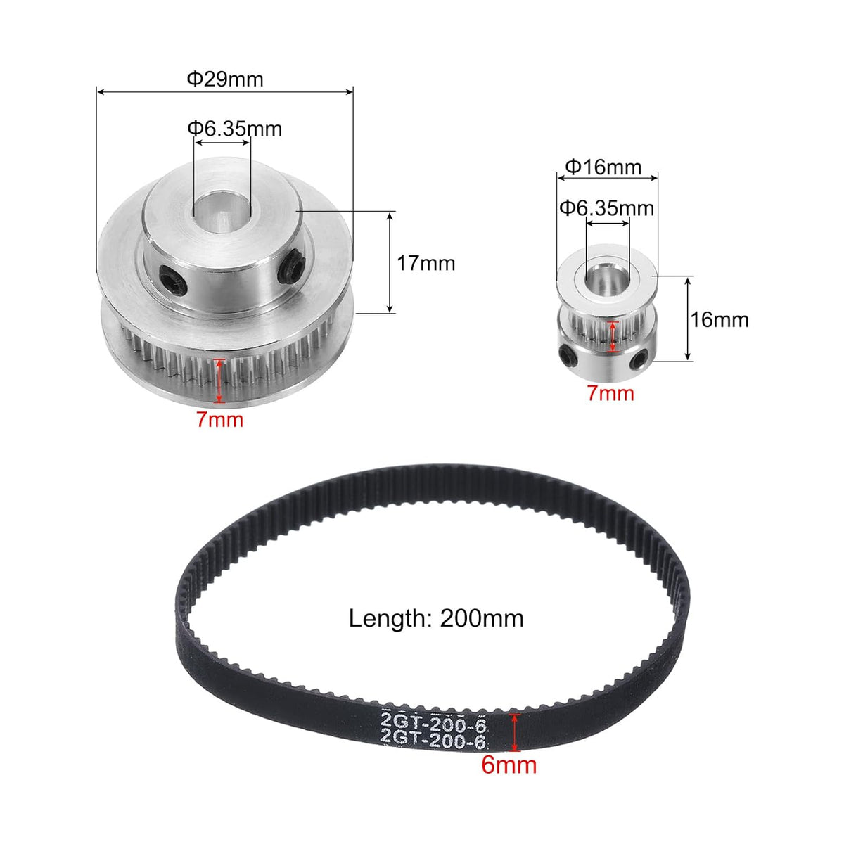 GT-2 Synchronous Wheel 20&40 Teeth 6.35mm Bore, Aluminum Alloy Timing Pulley Wheel with 1Pcs Length 200mm, Width 6mm Belt for 3D Printer, CNC Machine (20-40T-6.35B-6)