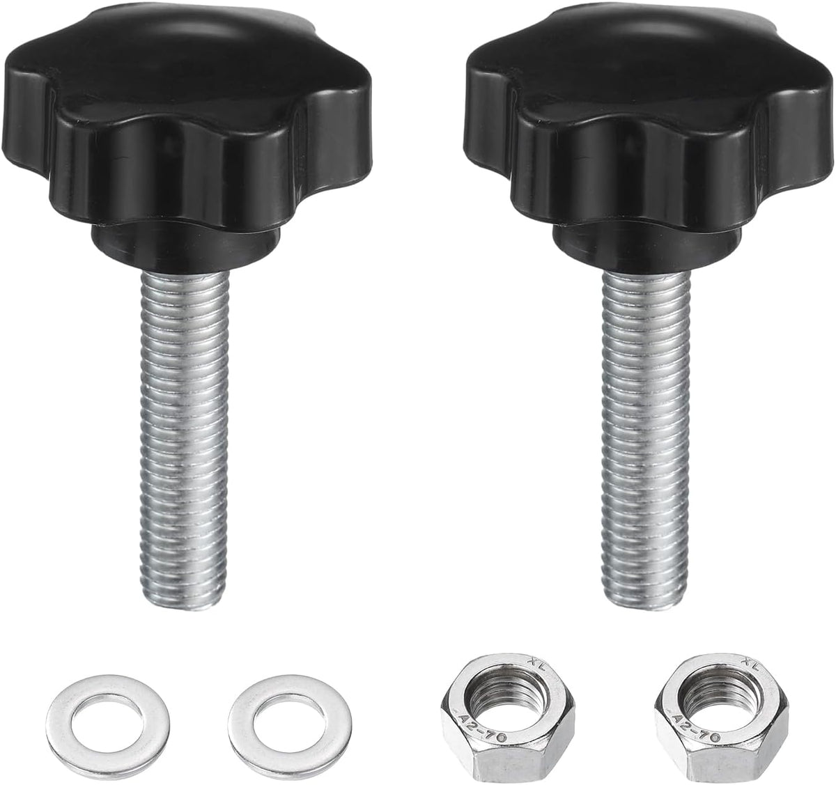 Dos manijas de sujeción de estrella, con tuercas y arandelas. Tamaño: M12 x 40 mm. Material: acero al carbono revestido de zinc. Tornillo macho: 48 mm. Cabezal de plástico de tipo 6 estrellas. Manijas con roldanas, tornillos de pulgar. Color: negro.