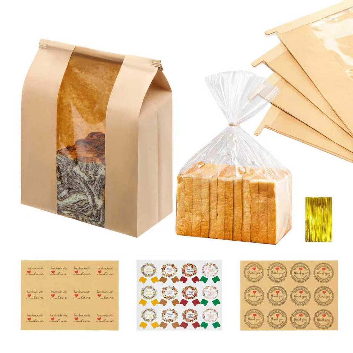 100 Pack Large Sourdough Paper Bread Bags & Clear Bread Bags
