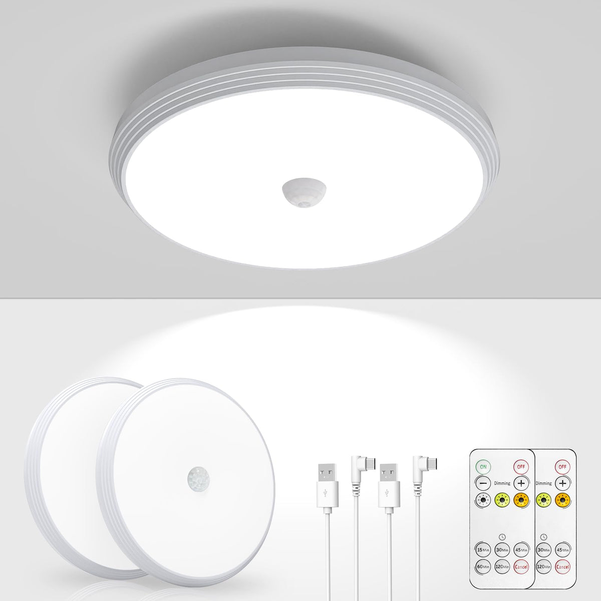 2 Pack Opladbar Bevægelsessensor Til Loft Lys Batteridrevne Lys