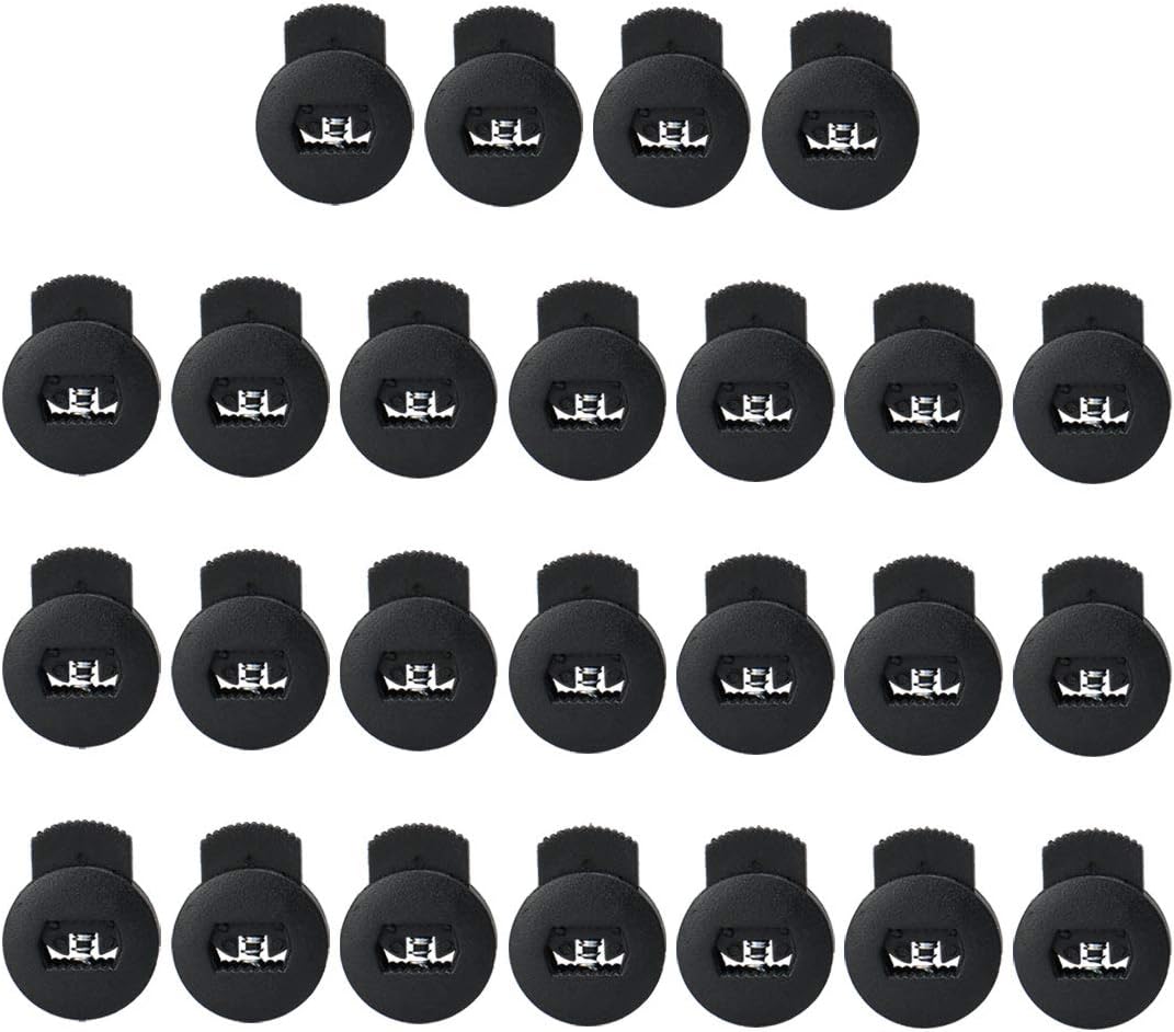 LinkMejor 25pcs Plastic Cord Locks Stopper End Spring Stop Single Hole Toggle Fastener Rope End for Drawstring Clothing, Shoelaces, Bag, Black