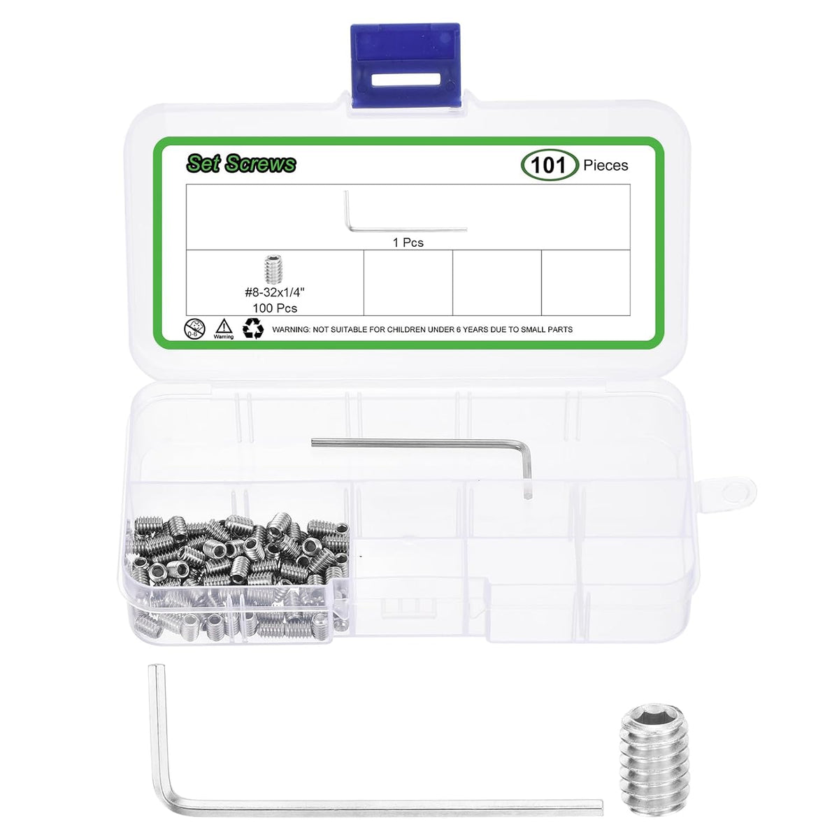 Socket Set Grub Screws,100PCS #8x1/4-304 Stainless Steel Hex Socket Cup Point Allen Screws with Hex Wrench for Repairing Door Handles, Faucet (Silver)