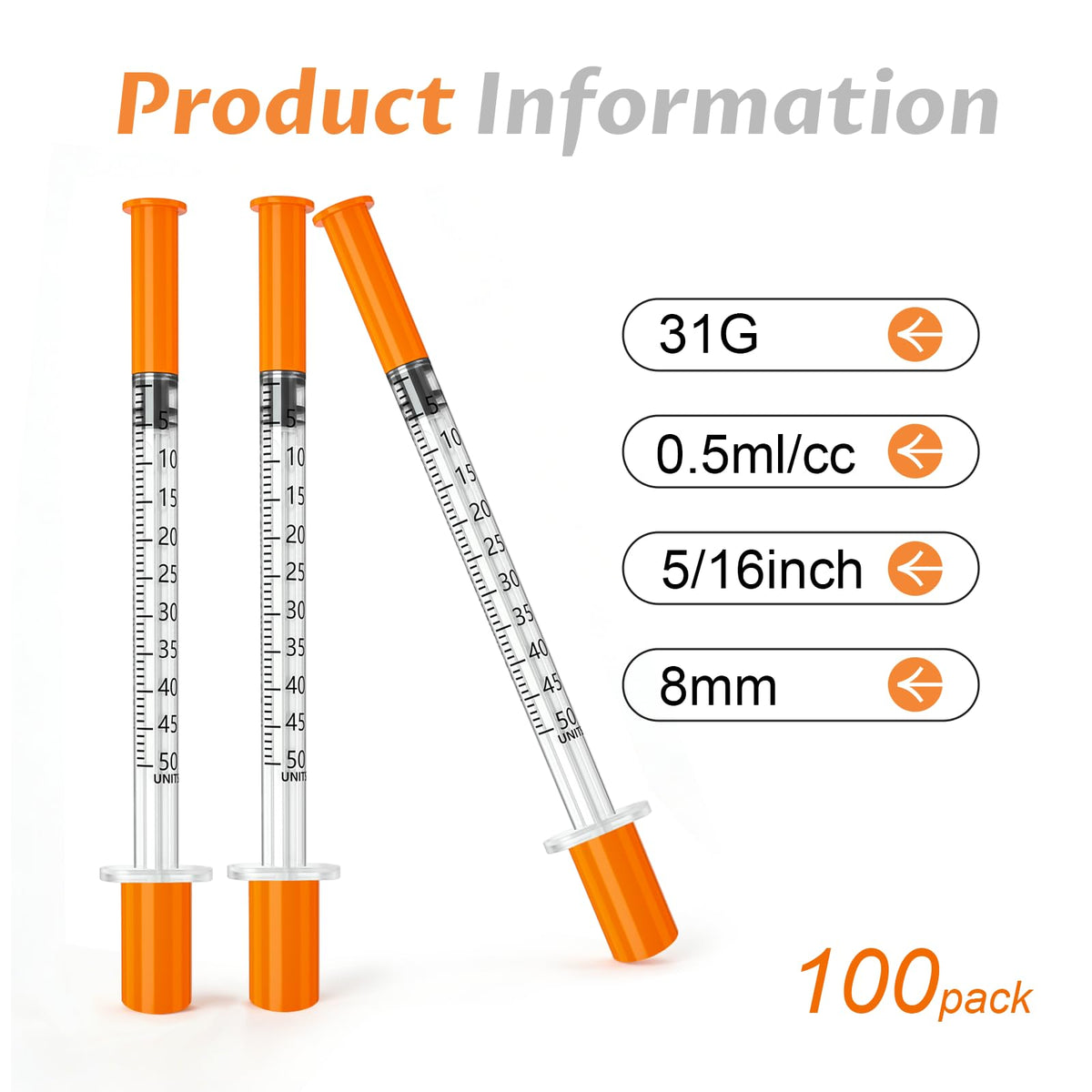 0.5 ml/cc Syringes 31 gauge 5/16"(8mm), Individually Packed Pack of 100.
