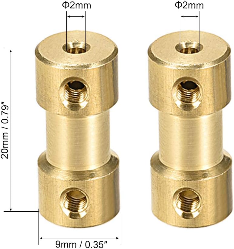 2mm à 2mm Bore Couple Rigide, Longueur 20mm Diamètre 9mm, Connecteur de Couples d'Arbre en Cuivre, Tonalité de laiton 4Pcs