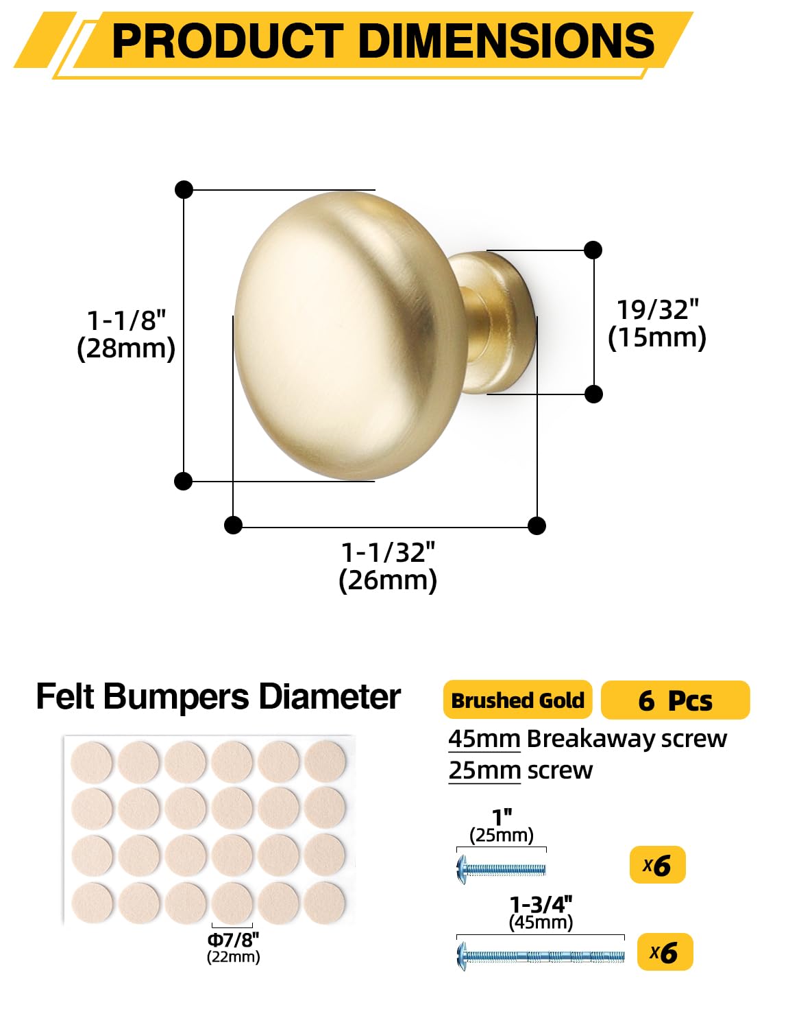 LinkMejor 6 Pack Bouchons de Meuble Dorés Brossés, Bouchons de Meuble Ronds Solides pour Dresser et Salle de Bains, Bouchons de Meuble de Haute Qualité pour Porte de Dressing et Armoire