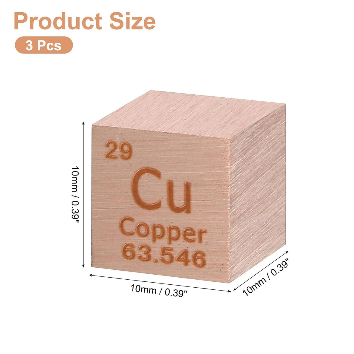 3 Pcs Copper Cube, 0.39 Inch High Density Metal Element Cube Metal Density Cube for Chemical Elements Collection Science Education Experiment Application, Copper