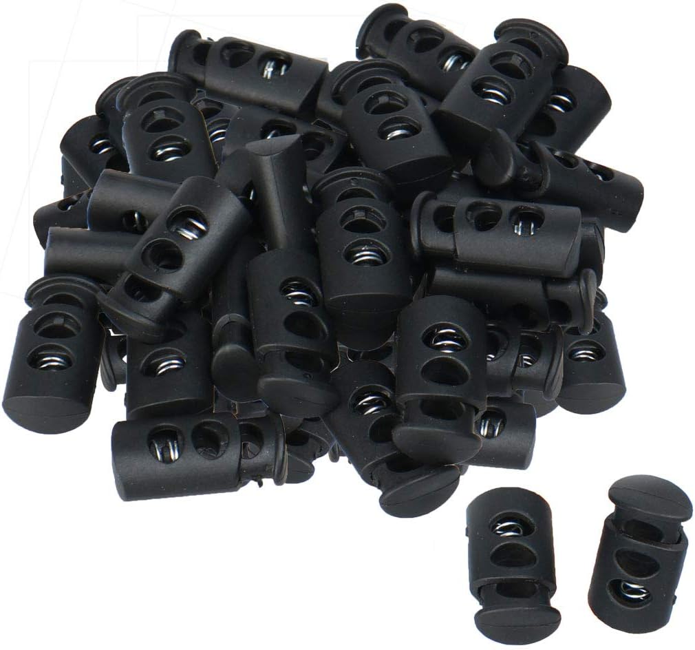 LinkMejor 50pcs Black Plastic Cord Lock Stoppers End Spring Stop Double Holes Toggle Fastener Stopper Rope End