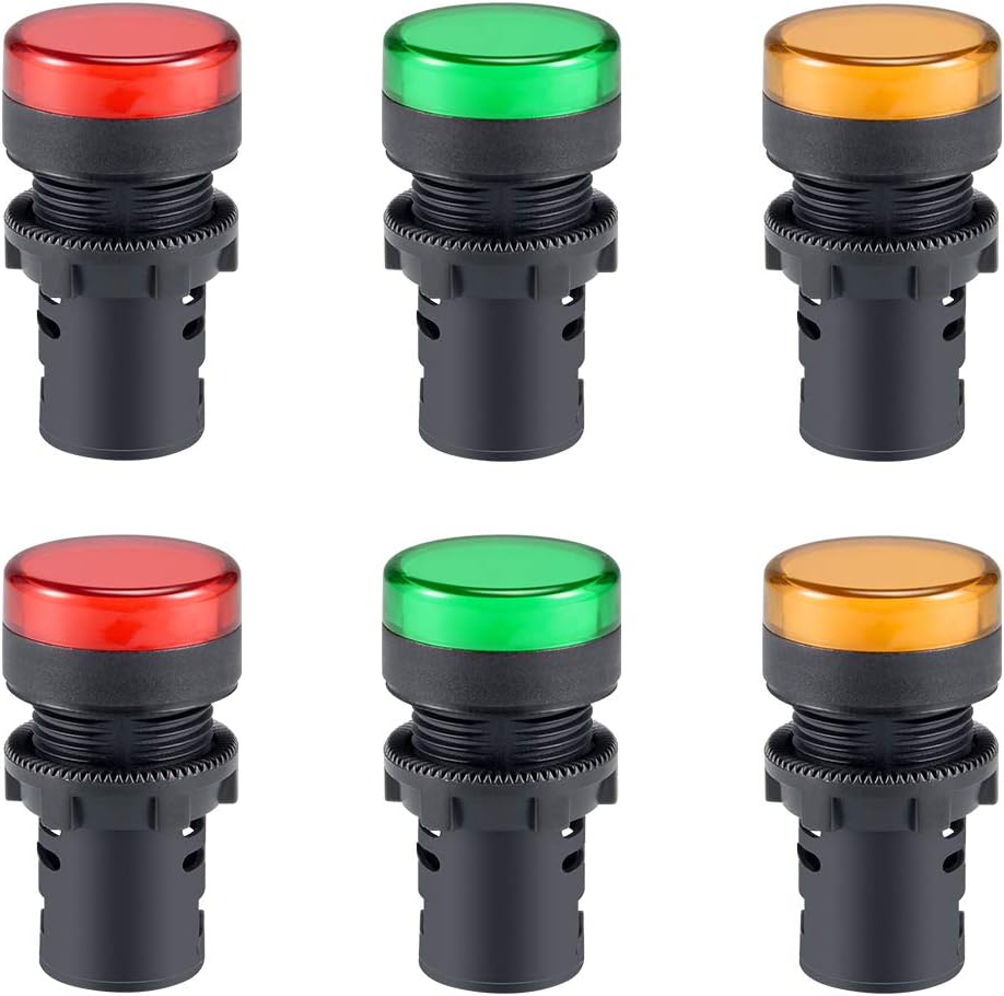 6Pcs Red Green Yellow Indicator Light AC/DC 12V, 22mm Panel Mount, for Electrical Control Panel, HVAC, DIY Projects