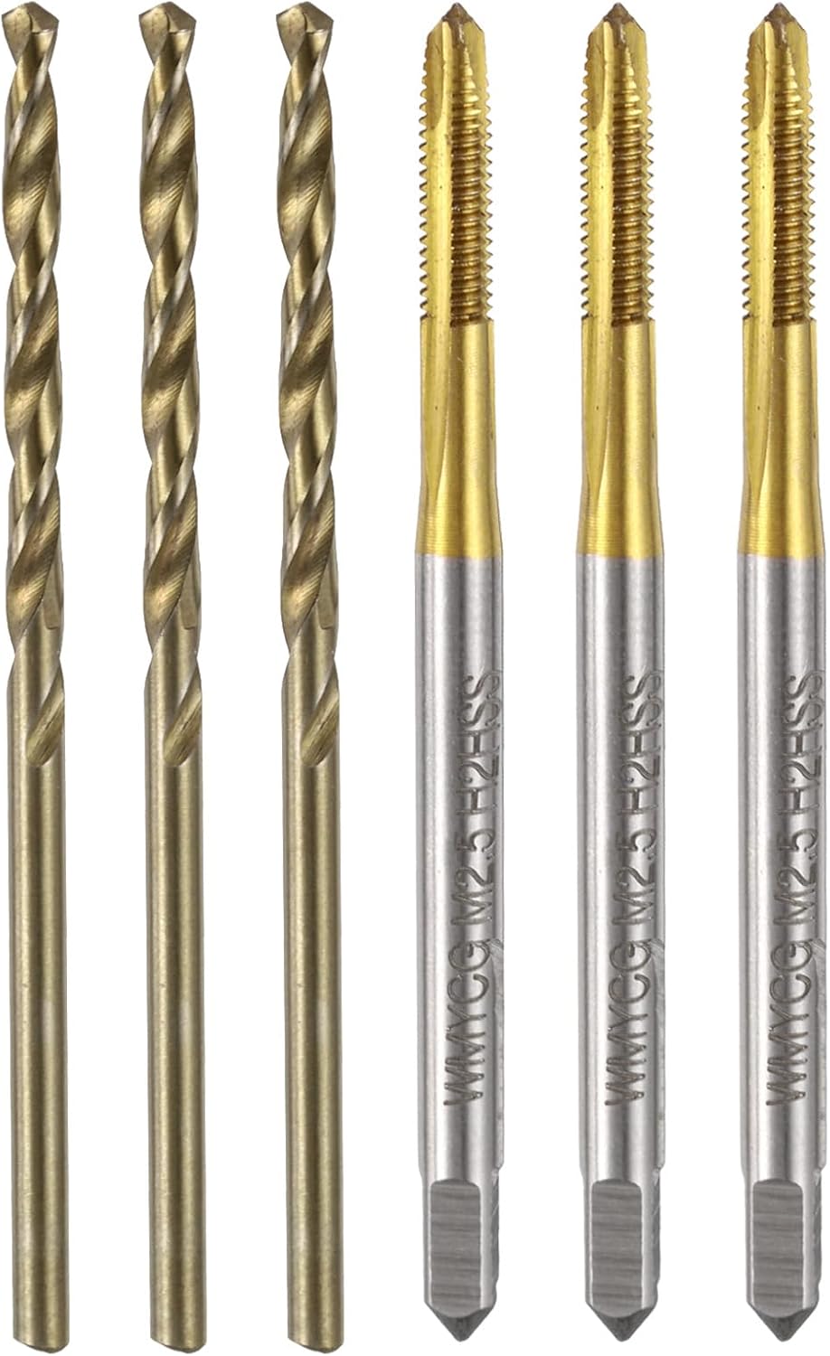 6pcs Metric Tap & Drill Bit Set, M2.5 x 0.45 Spiral Point Titanium Coated Tap & 2.1mm Roasted Yellow Drill Bit Set for Cast Iron, Aluminum, Stainless Steel