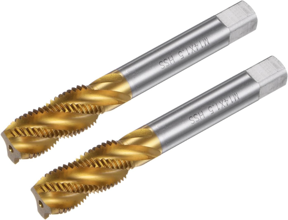 2pcs Spiral Flute Thread Taps, Metric M14 x 1.5 H2 Screw Threading Tap, Titanium Coated M2 High Speed Steel Machine Tapping Tools for Machinist Repair