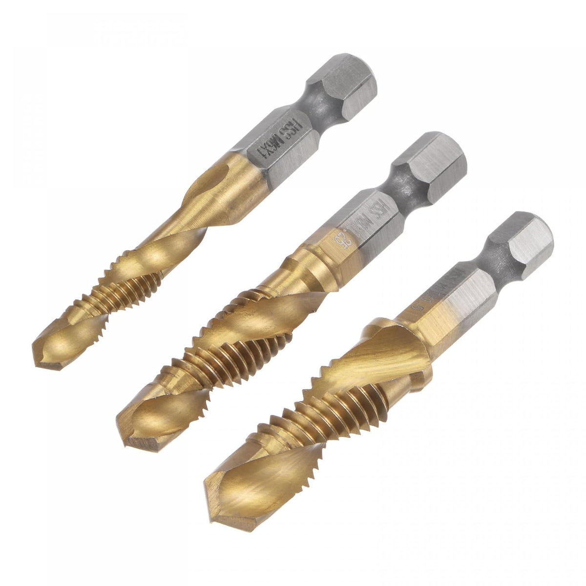 Combination Drill and Tap Bit Set, M6 M8 M10 Titanium Coated High Speed Steel 4341 Spiral Flute Drilling Tapping Tool 1/4" Hex Shank 3pcs