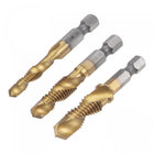 Combination Drill and Tap Bit Set, M6 M8 M10 Titanium Coated High Speed Steel 4341 Spiral Flute Drilling Tapping Tool 1/4" Hex Shank 3pcs