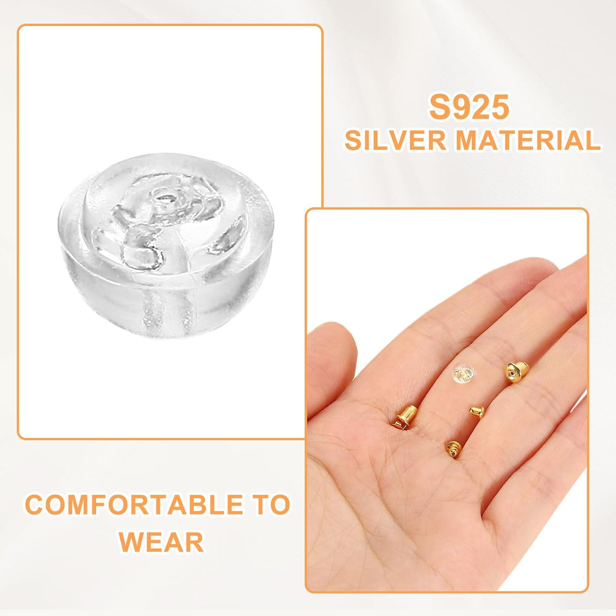 4Pcs 귀고리 백, 5.5mm S925 실버(실버 팽이 아님) 실리콘 반원형 잠금 귀고리 백 교체용, 화이트 골드