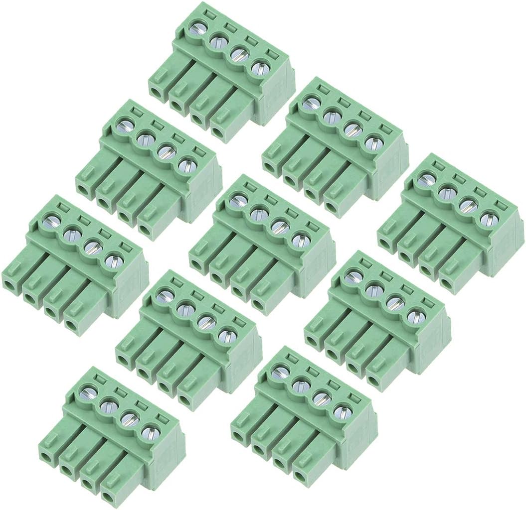10Pcs AC 300V 8A 3.5mm Pitch 4P Flat Angle Needle Seat Insert-In PCB Terminal Block Connector Green