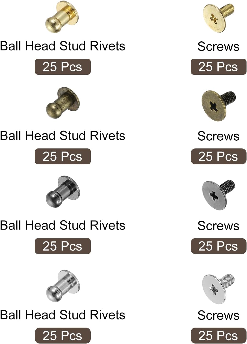 4mm رأس كرة رأس البرغي، 100Pack رأس دائري رقبة البرغي للصناعة اليدوية من الجلد حقيبة اليد حزام، 4 ألوان