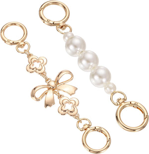 2Pcs Purse Strap Extender, 6.5" and 5.9" Metal Bag Replacement Strap, Chain Extension for Women Handbags Purse Wallet Making, Bag Charm, Pearl and Bowknot
