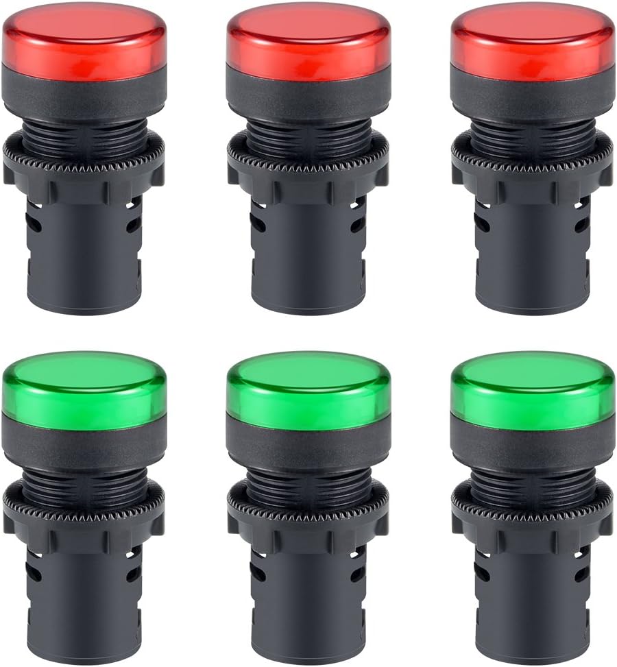 6Pcs Red Green Indicator Light AC/DC 24V, 22mm Panel Mount, for Electrical Control Panel, HVAC, DIY Projects