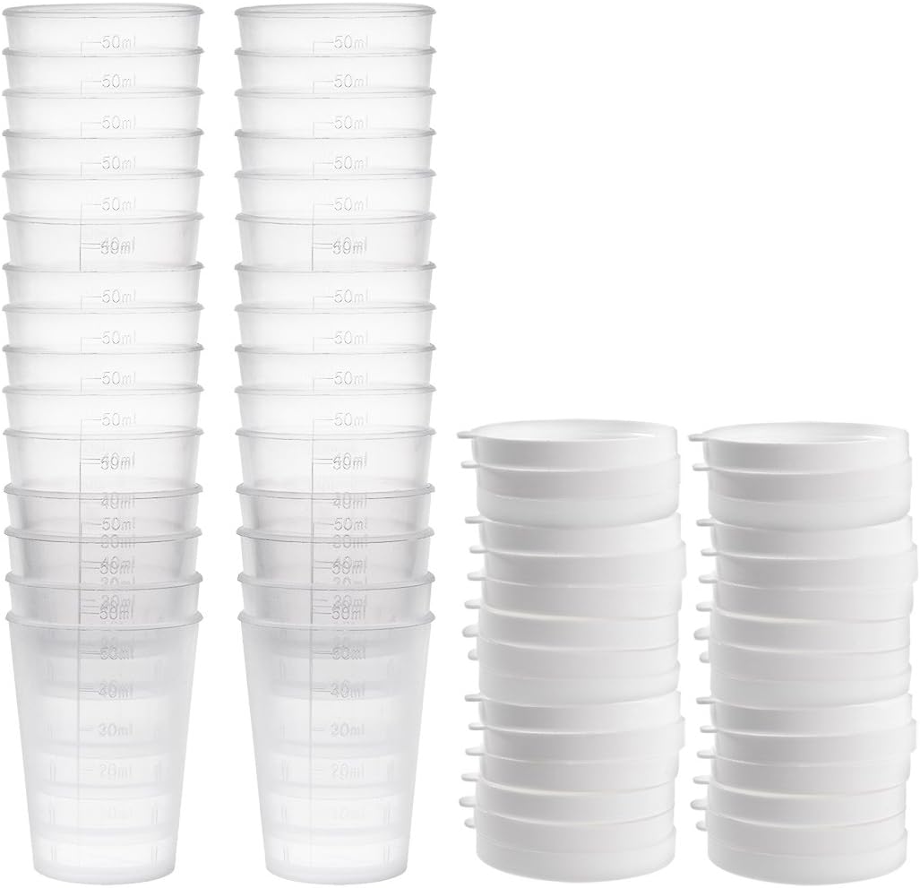 Measuring Cup 50ml Plastic Graduated Beaker Transparent with Lid for Lab Kitchen liquids 30pcs