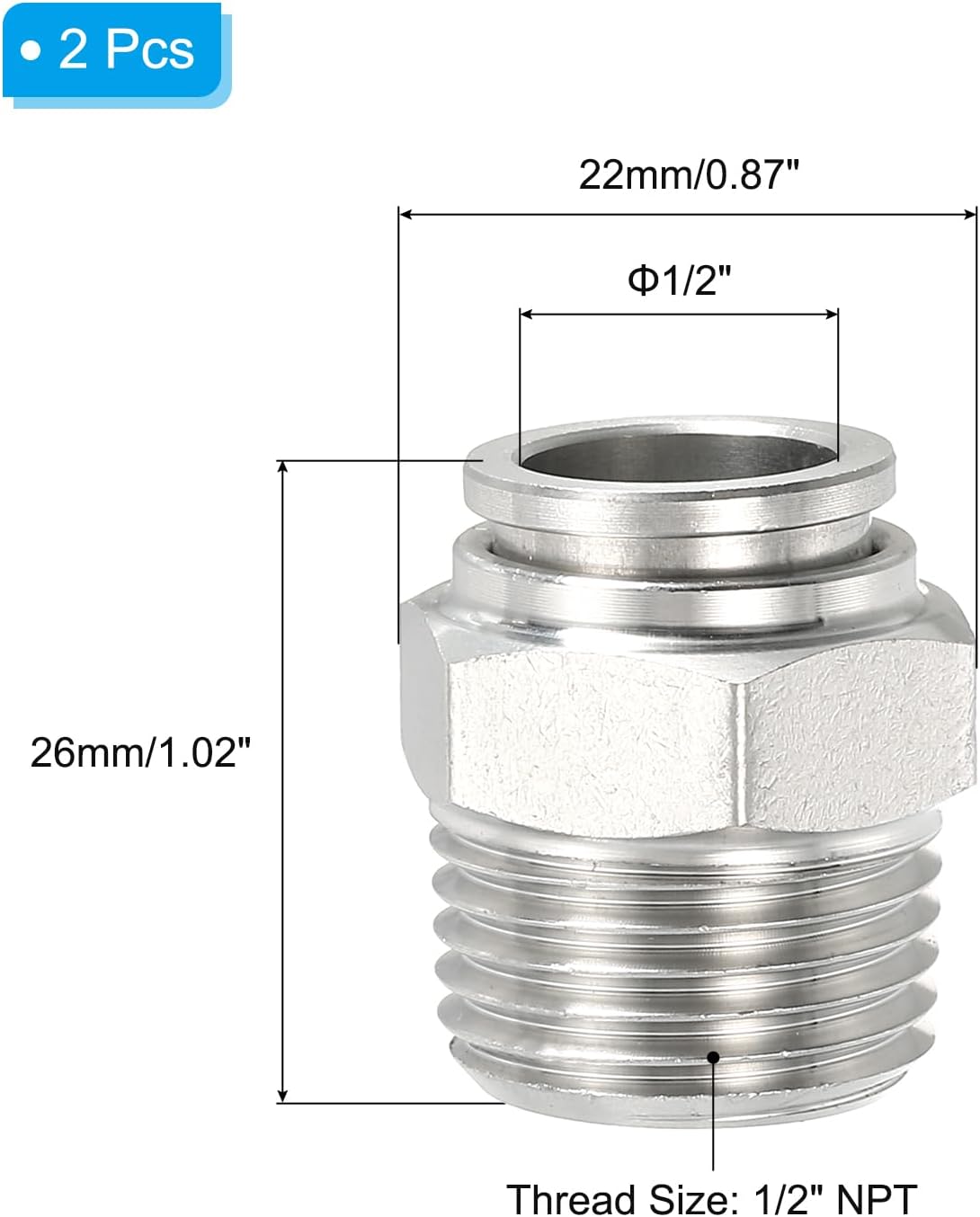 Push to Connect Fitting, 2 Pcs 304 Stainless Steel PC Male Straight 1/2" Tube OD x 1/2" NPT Thread Push to Connect Tube Fitting Pneumatic Push Lock Fitting