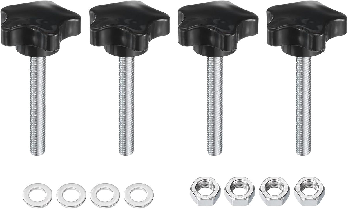 4pcs Star Clamping Knobs with Nuts Washers, M8 x 60mm Metric Zinc Plated Carbon Steel Male Thread 39mm 5-Star Plastic Head, Threaded Stud Hand Knobs Handles Thumb Screws, Black
