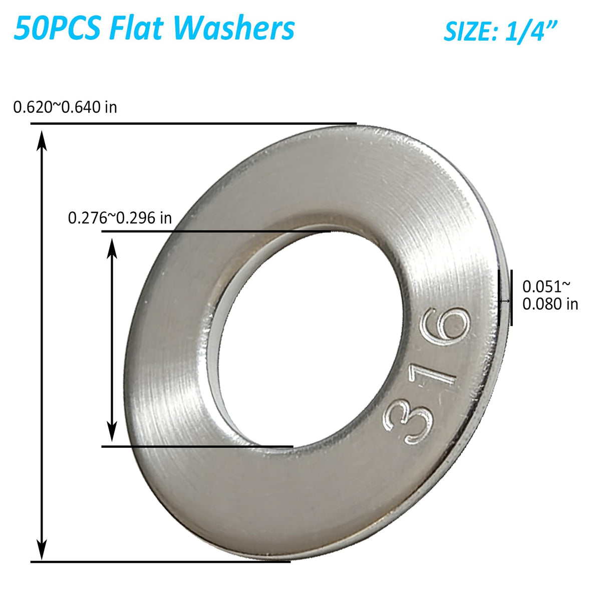 50-Pack 1/4" 316 Acciaio Inox Placcato Piani