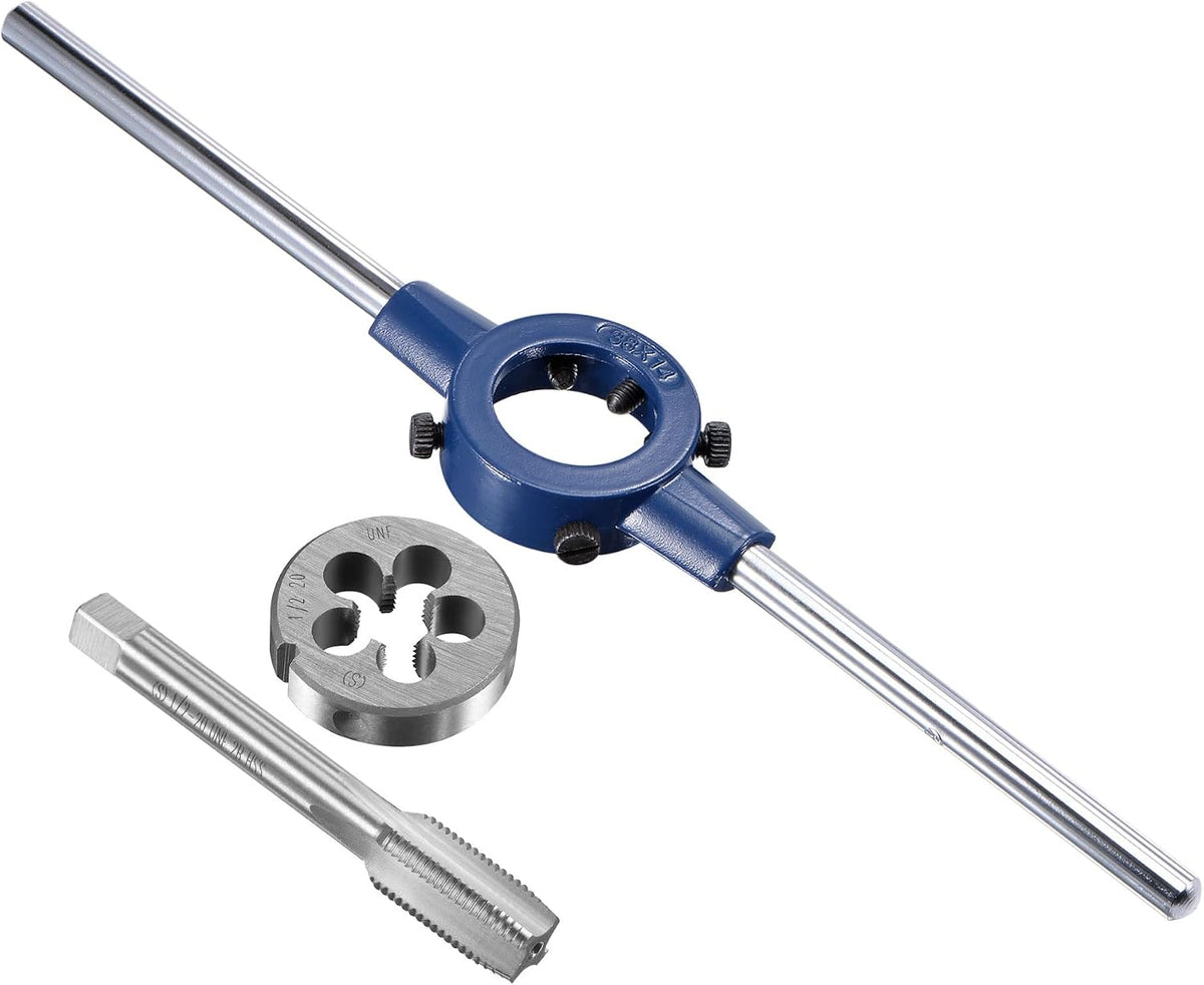 1/2-20 UNF Tap and Die Set with 38mm Round Die Stock Handle Wrench, High Speed Steel Machine Thread Tap and Round Die Threading Tool