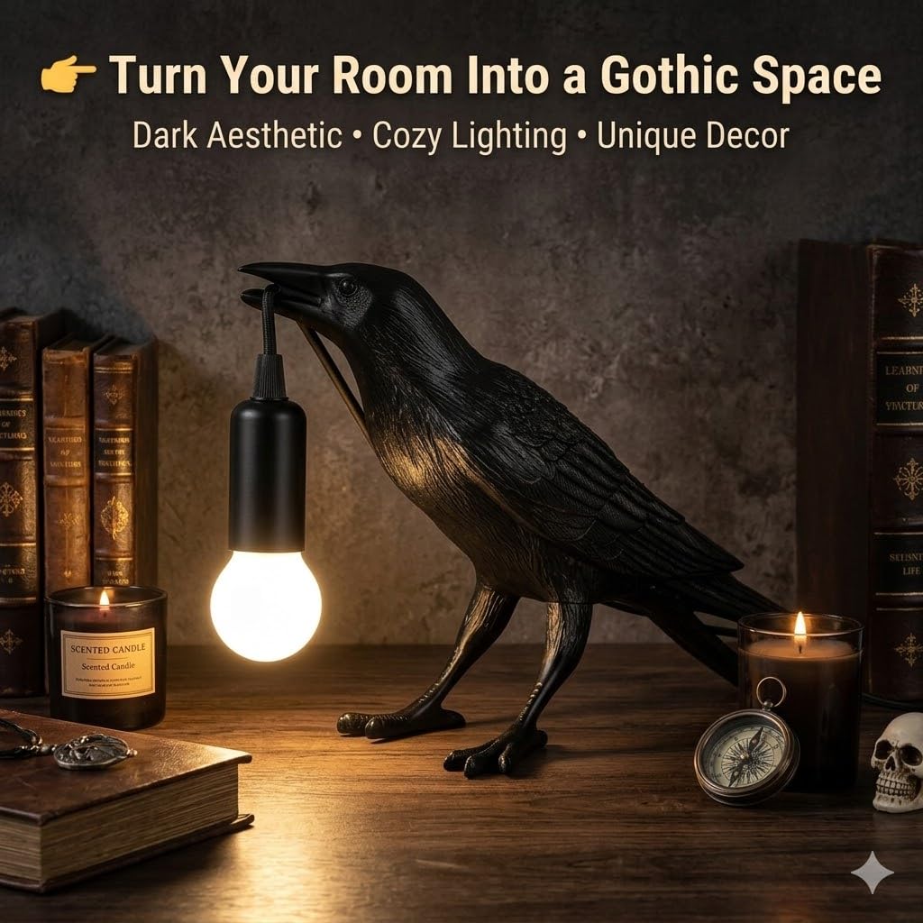 LinkMejor Raven Lamp Decor Gótico, Lâmpada de Mesa Corvo Preto com Bulb LED E12