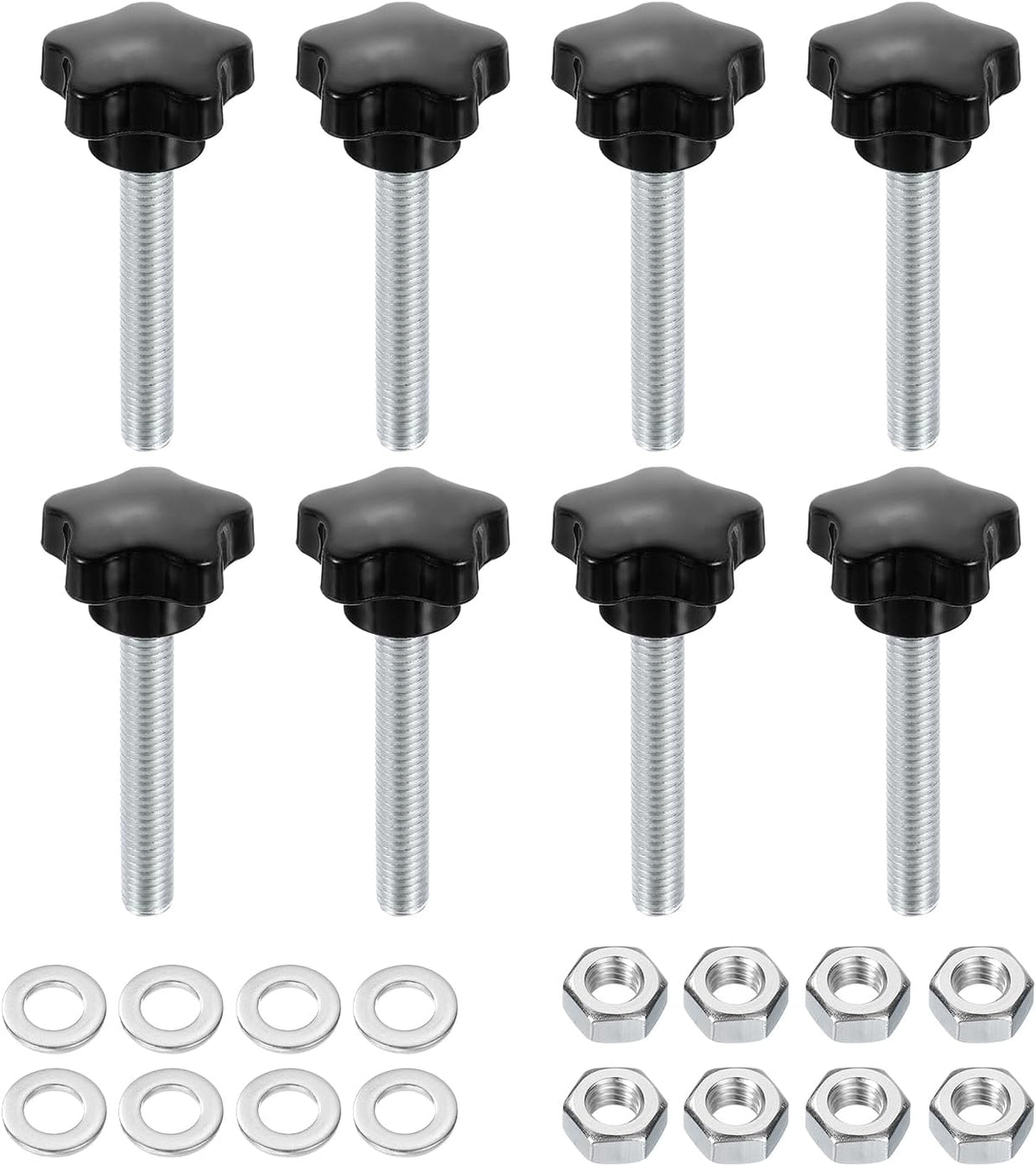 8pcs Star Clamping Knobs with Nuts Washers, M8 x 50mm Metric Zinc Plated Carbon Steel Male Thread 31mm 5-Star Plastic Head, Threaded Stud Hand Knobs Handles Thumb Screws, Black
