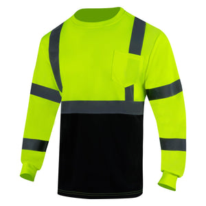 LinkMejor Camisetas Hi Vis para Homens Longas ANSI Classe 3 Reflexivas de Alta Visibilidade Trabalho Camisetas (Baixo Preto Amarelo, L)