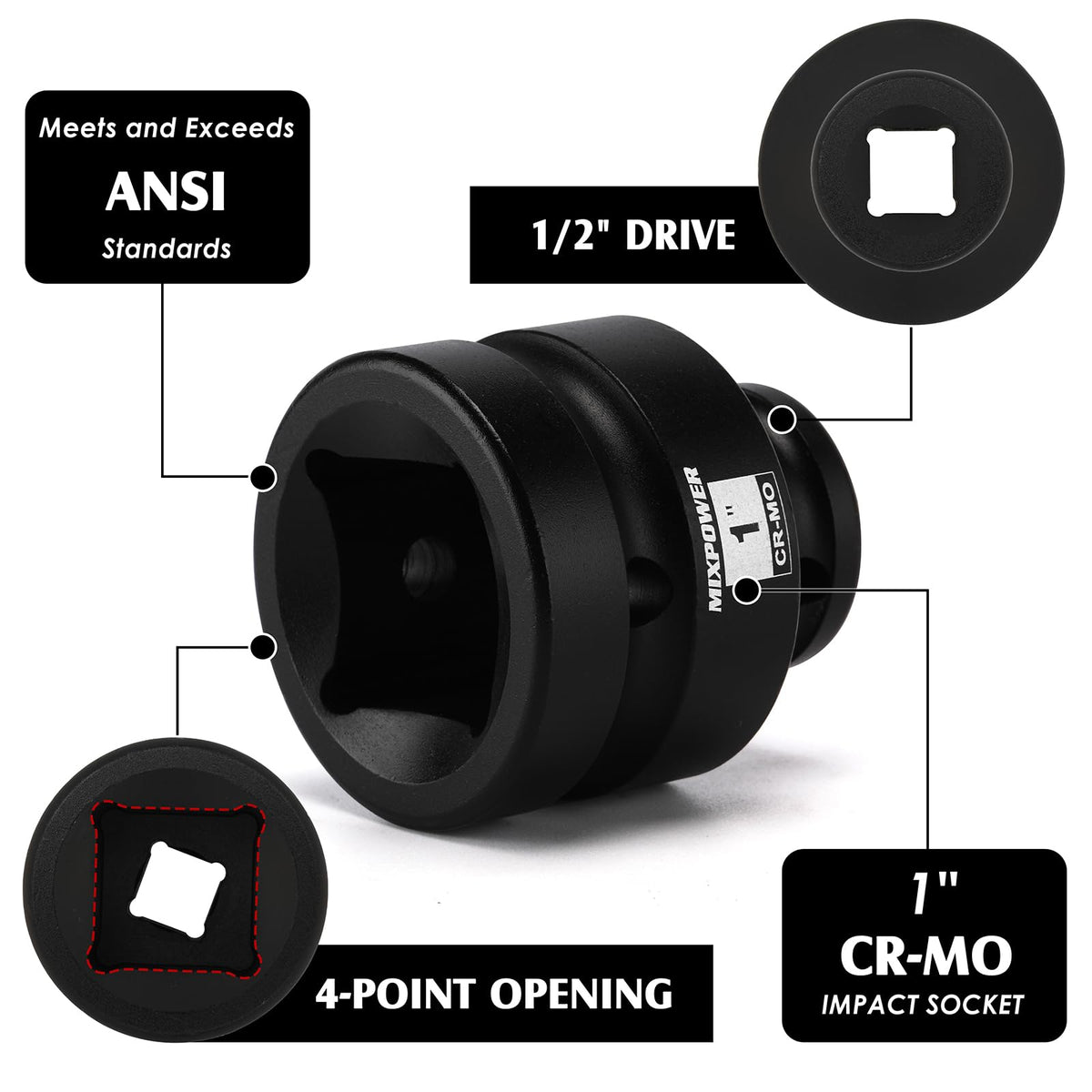 LinkMejor 1/2" Drive 1" Square Socket, CR-MO, 4-Point, SAE, Finish Phosphate Nero