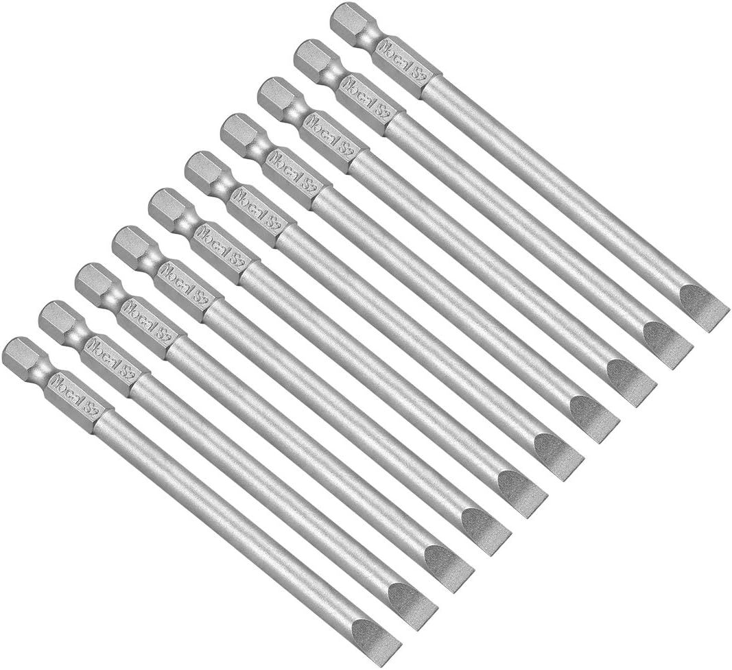 10 Pcs 6mm Slotted Tip Magnetic Flat Head Screwdriver Bits 1/4 Inch Hex Shank 4-inch Length S2 Power Tool