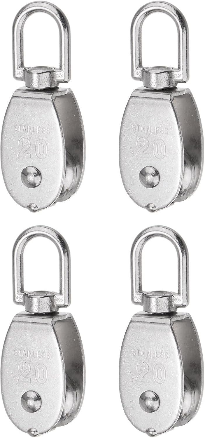 4pcs M20 Single Pulley Block, 304 Stainless Steel Hanging Wire Towing Wheel, Lifting Crane Swivel Hook, Rope Cable Pulley Roller